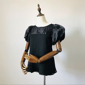 Black Puff Sleeve Blouse Satin Pleated Detail Top